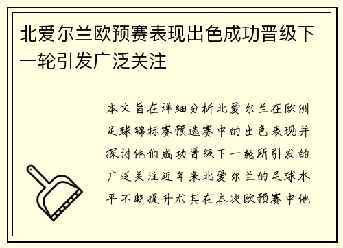 北爱尔兰欧预赛表现出色成功晋级下一轮引发广泛关注