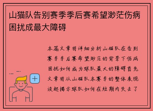 山猫队告别赛季季后赛希望渺茫伤病困扰成最大障碍