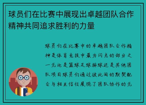 球员们在比赛中展现出卓越团队合作精神共同追求胜利的力量