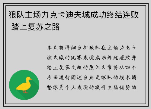 狼队主场力克卡迪夫城成功终结连败 踏上复苏之路