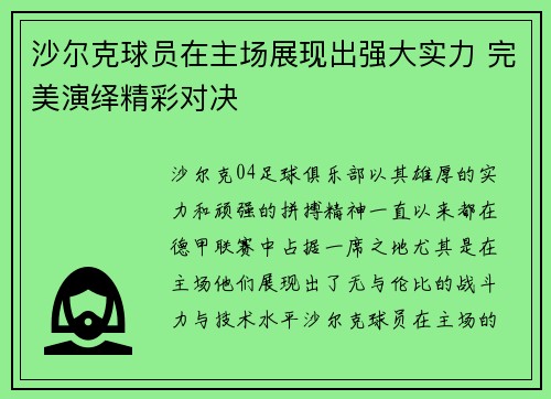 沙尔克球员在主场展现出强大实力 完美演绎精彩对决