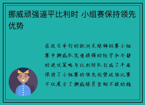挪威顽强逼平比利时 小组赛保持领先优势