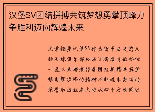 汉堡SV团结拼搏共筑梦想勇攀顶峰力争胜利迈向辉煌未来