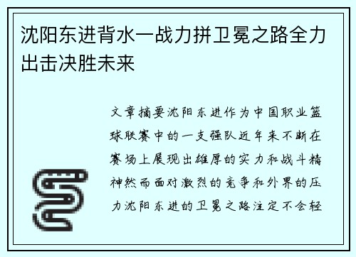 沈阳东进背水一战力拼卫冕之路全力出击决胜未来