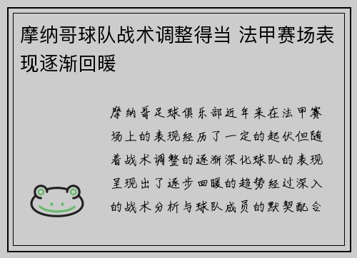摩纳哥球队战术调整得当 法甲赛场表现逐渐回暖