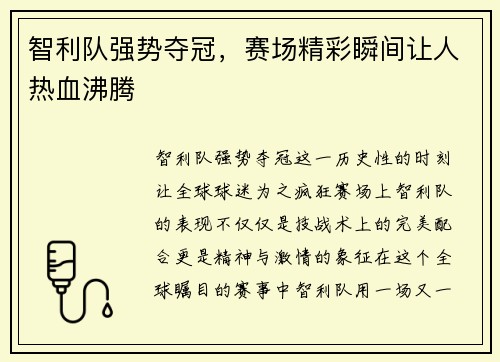 智利队强势夺冠，赛场精彩瞬间让人热血沸腾