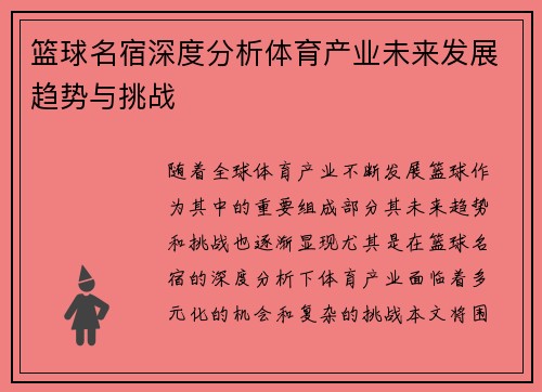 篮球名宿深度分析体育产业未来发展趋势与挑战