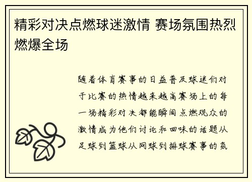 精彩对决点燃球迷激情 赛场氛围热烈燃爆全场