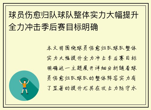 球员伤愈归队球队整体实力大幅提升全力冲击季后赛目标明确