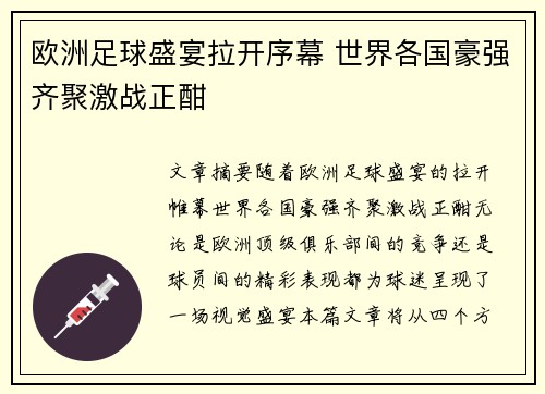 欧洲足球盛宴拉开序幕 世界各国豪强齐聚激战正酣