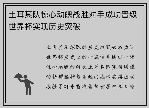 土耳其队惊心动魄战胜对手成功晋级世界杯实现历史突破