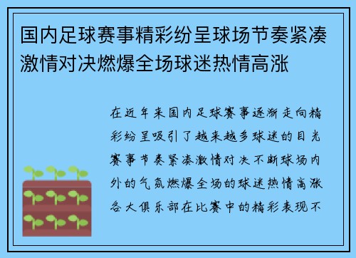 国内足球赛事精彩纷呈球场节奏紧凑激情对决燃爆全场球迷热情高涨